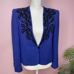 Vintage Sequin Rhinestone Blazer Wool Royal Blue black sequin rhinestone detail